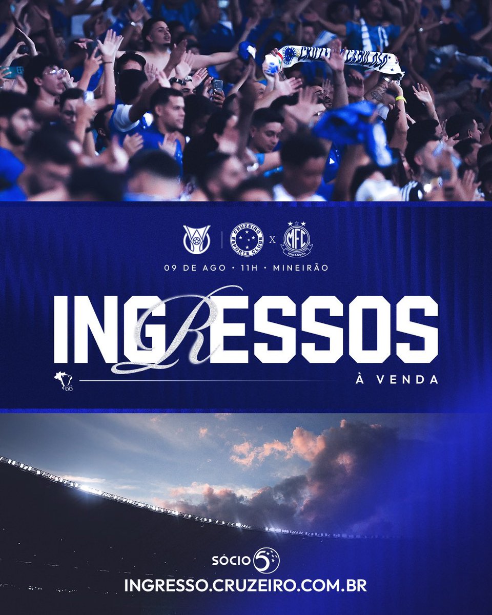 Cruzeiro's tweet photo. Vendas abertas para o jogo entre Cruzeiro e Mirassol, no dia 9 de agosto, às 11h, no Mineirão! 🦊🏟️

Ao adquirir um ingresso, os sócios 5 Estrelas ganharão um ingresso extra para o mesmo setor de arquibancada selecionado! Bora pro Mineirão! 💙

Ingressos por R$ 40 para @socio5estrelas em todos os setores!
🎟️ https://t.co/tL8BuKjvOk

Saiba todas as informações: https://t.co/hhSX0MZpMa!

#CRUxMFC #PáginasHeroicas