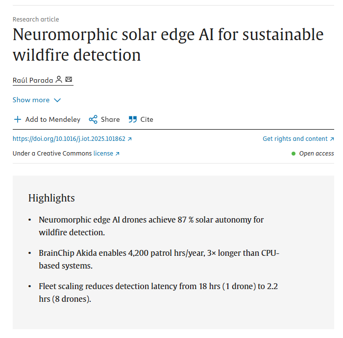 MIAM_Schwan's tweet photo. Neuromorphic solar edge AI for sustainable wildfire detection
https://t.co/wZmOPLH9yj
"BrainChip Akida enables 4,200 patrol hrs/year, 3× longer than CPU-based systems"

These days, this topic is more relevant than ever!
@BrainChip_inc https://t.co/qrxVtH5ulO