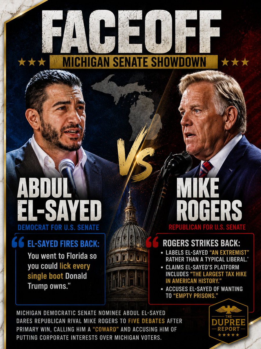 TheDupreeReport's tweet photo. The Michigan Senate race featuring Abdul El-Sayed and Mike Rogers is seeing increased activity. El-Sayed has proposed a series of debates, raising questions about corporate influence. Rogers has responded by describing El-Sayed's policy stances as extreme #MIpolitics https://t.co/vCdxLAnMwz