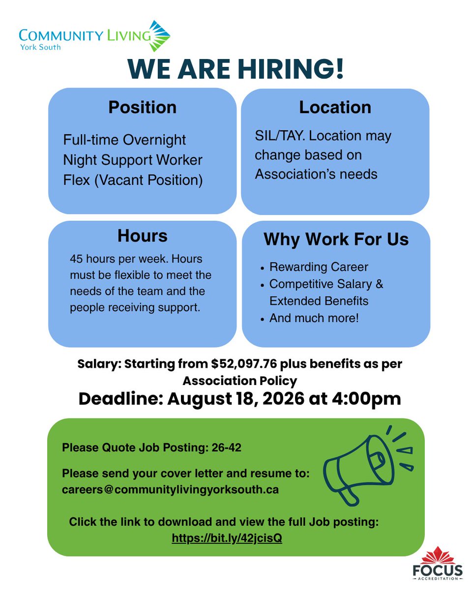 CLYorkSouth's tweet photo. We're Hiring! Full-time Overnight Night Support Worker Flex (Vacant Position)
📅 Apply by: August 18, 2026 at 4:00 PM 

Please click the link to view the full Job posting: https://t.co/r1W2leWFAo https://t.co/7EMooucECB