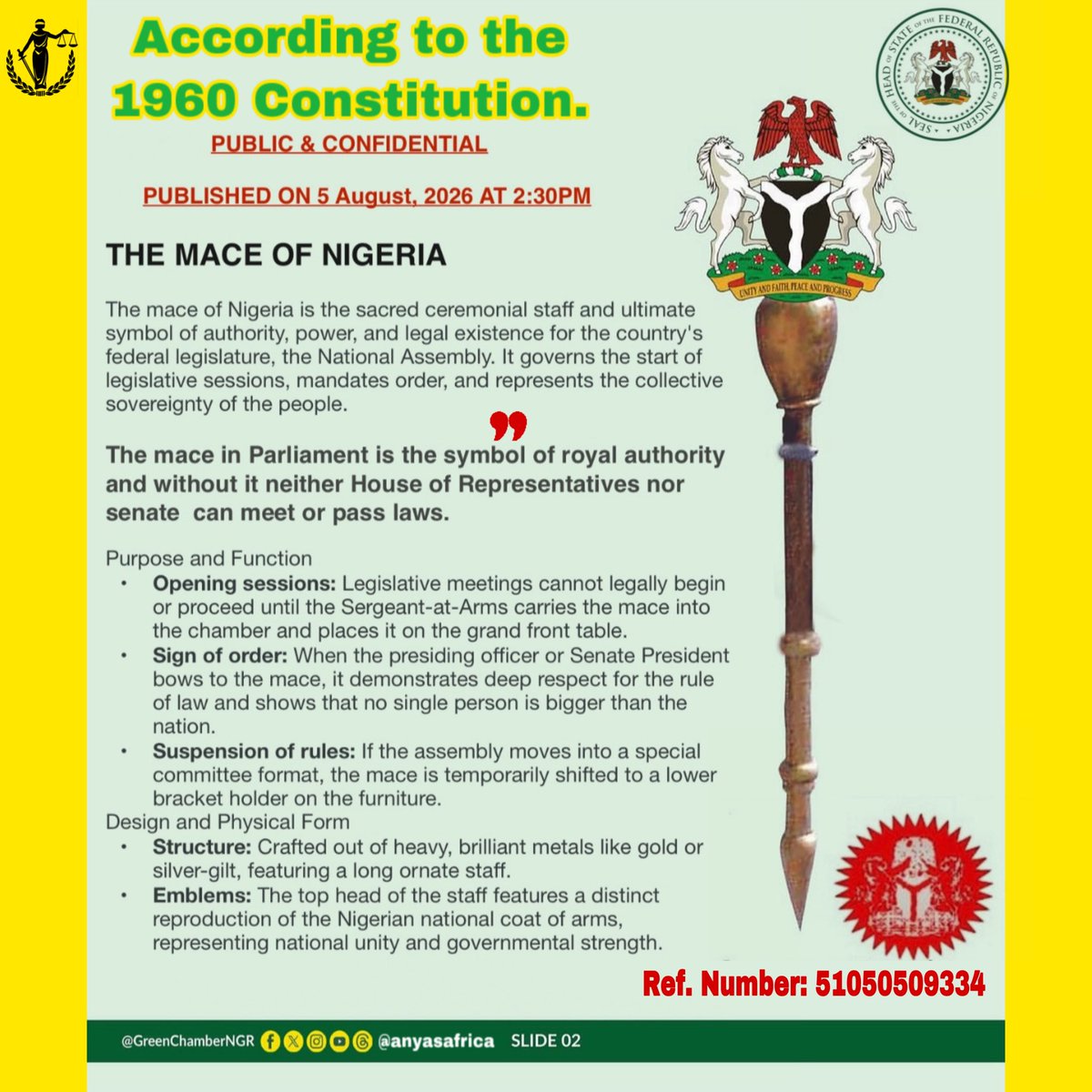 anyasafrica's tweet photo. Facts you may not know about the National Assembly. #Periscope #GreenChamber
The Mace of Nigeria : The mace in Parliament is the symbol of royal authority and without it neither House of Representatives nor senate can meet or pass laws. According to the 1960 Constitution of NGR https://t.co/7ftEzSIquK