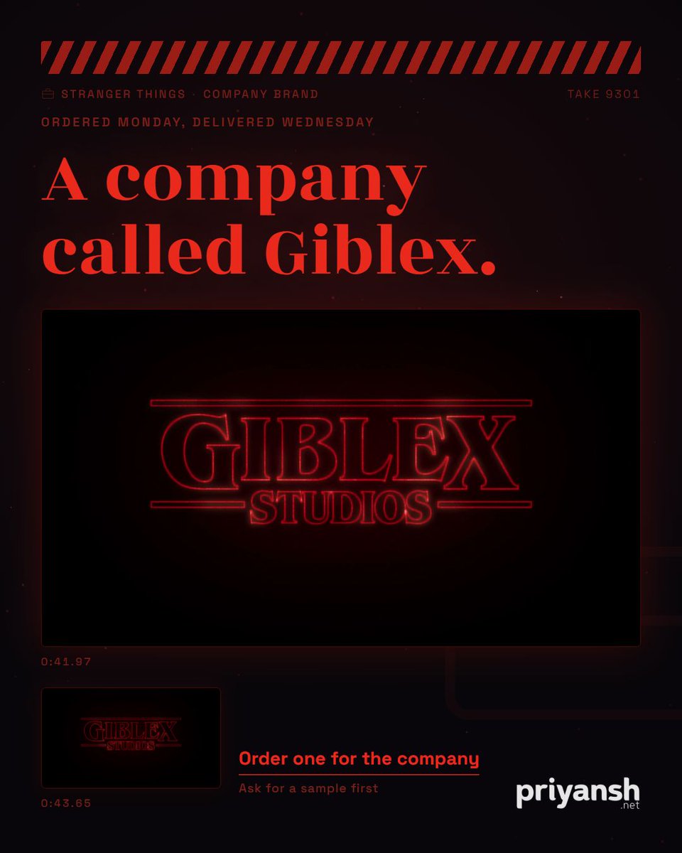 Priyansh_Anim's tweet photo. Give your company video a cinematic opening with a custom stranger things intro, hand-animated for Giblex Studios. Order yours through our profile. https://t.co/wdt9dHJJWB