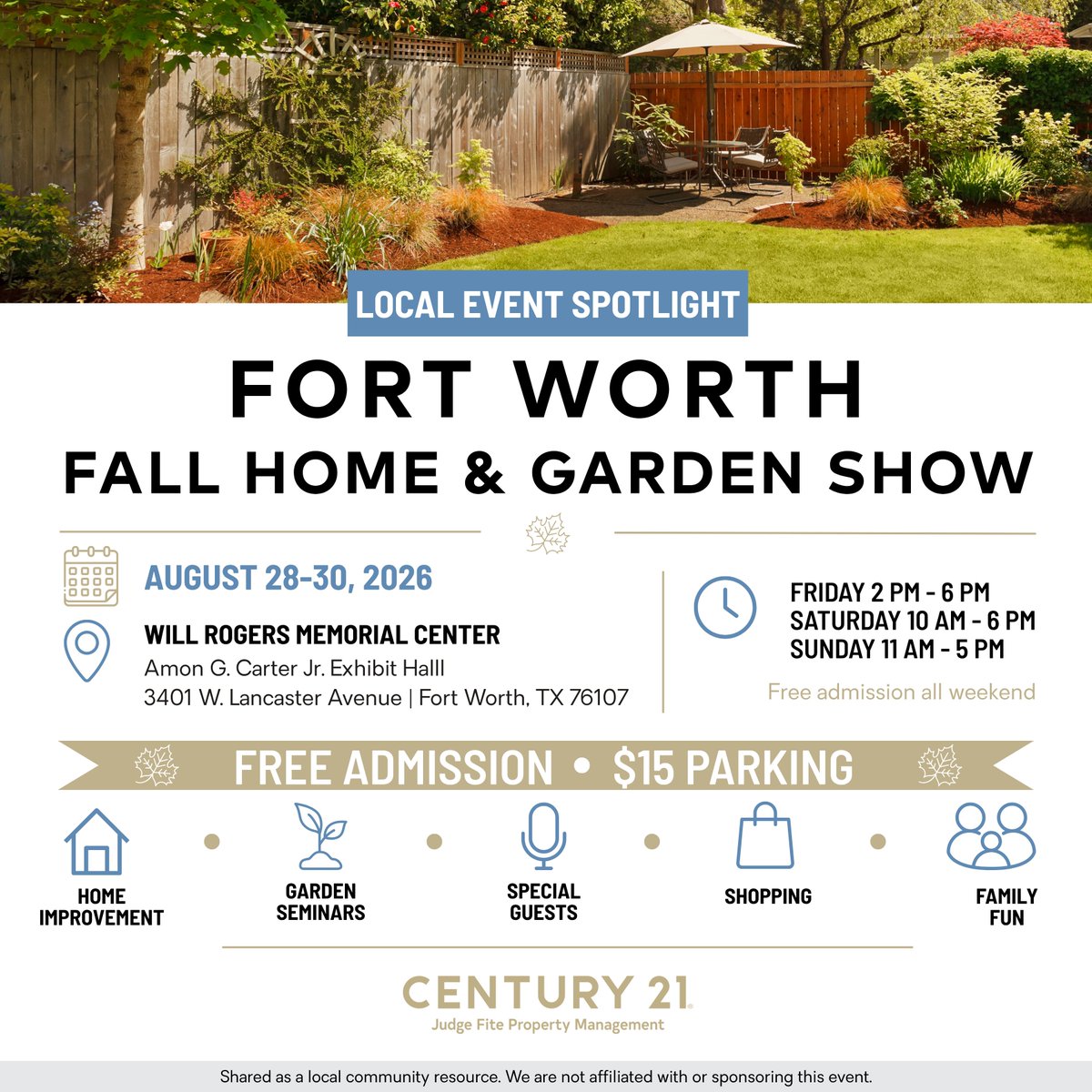 C21JFPM's tweet photo. Planning a home or garden project? The Fort Worth Fall Home &amp; Garden Show is August 28–30 at Will Rogers Memorial Center.

Free admission | $15 parking

We are sharing this for community awareness and are not affiliated with the event or its organizers.

#C21JFPM #DFWEvents https://t.co/6PNqglCcE4