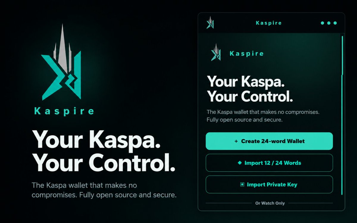 kaspirewallet's tweet photo. Kaspire Wallet further made big progress. We received awesome feedback during our beta test over at Telegram and evolved Kaspire even further based on the community wishes. The goal is simple: do not just make the best Kaspa wallet but even better than best.

Today we are announcing Kaspire will not just launch as a mobile app but also as a browser extension. Mostly the same features (encrypted WalletConnect v2 is only needed for mobile), same security. 

Argon2id encryption for industry-leading protection of your wallet data. BIP39 passphrases. Every L1 asset. Covenant-ready. Open source. And more. The Kaspa wallet that makes no compromises. Your $KAS. Your control. Soon.