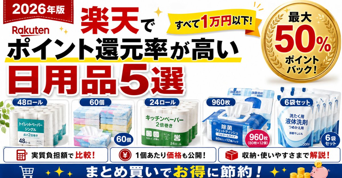 kurashi351's tweet photo. 楽天で日用品を買うなら

！！今！！

ポイント還元率だけで選んでいませんか？
1万円以下で買える高還元の日用品5点を比較しました。

✓ 還元後の実質負担額
✓ 1個あたりの価格
✓ まとめ買いに必要な収納量
✓ 向いている家庭・合わない家庭