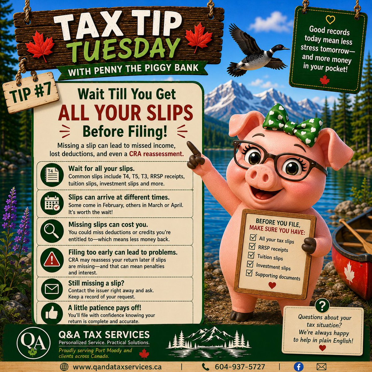 QandATax's tweet photo. 🐷🍁 Tax Tip Tuesday #7

Wait until you have ALL your tax slips before filing! 🧾

Missing a slip could mean a CRA reassessment or a delayed refund.

Need help? We're happy to help!

🌐 https://t.co/Is38uhVuU1

#TaxTips #Canada #PersonalFinance #QandATaxServices https://t.co/p2ZBt8rdMu