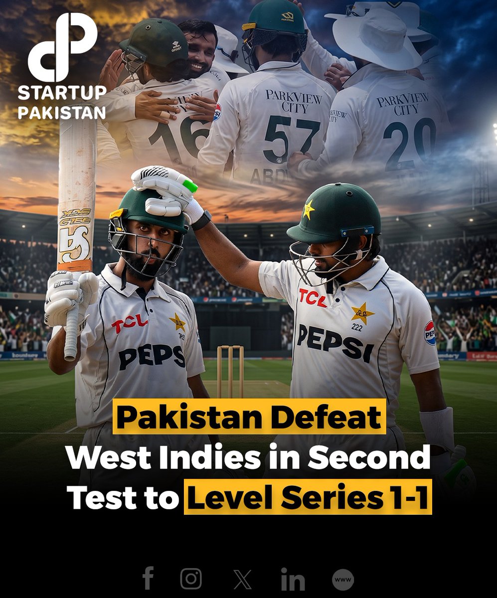 PakStartup's tweet photo. Pakistan Defeat West Indies in Second Test to Level the Series 1-1

Disclaimer: This post is for informational purposes only and is based on publicly available reports. The image is AI generated and is just for reference

#PakistanCricket #PAKvWI #WestIndies #TestCricket #Cricket https://t.co/5E8wtJMmxo
