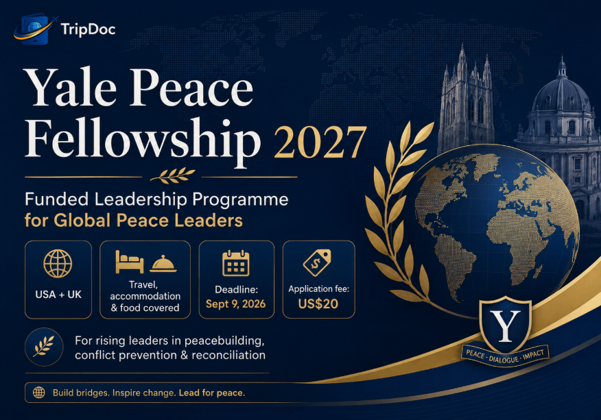 Triip_Doc's tweet photo. Yale Peace Fellowship 2027 applications are open. 🌍

Selected peacebuilding leaders will participate in sessions at Yale University, virtual leadership training and a closing programme at Rose Castle in the UK.

Travel, accommodation and food for programme participation are covered—but this is not for beginners. You need evidence of leadership and impact in peacebuilding or reconciliation.

Deadline: September 9, 2026.

Full verified guide on https://t.co/sRR6grrhfH.

#YalePeaceFellowship #YaleUniversity #Peacebuilding #LeadershipFellowship #FullyFundedFellowship #InternationalOpportunities #TripDoc
