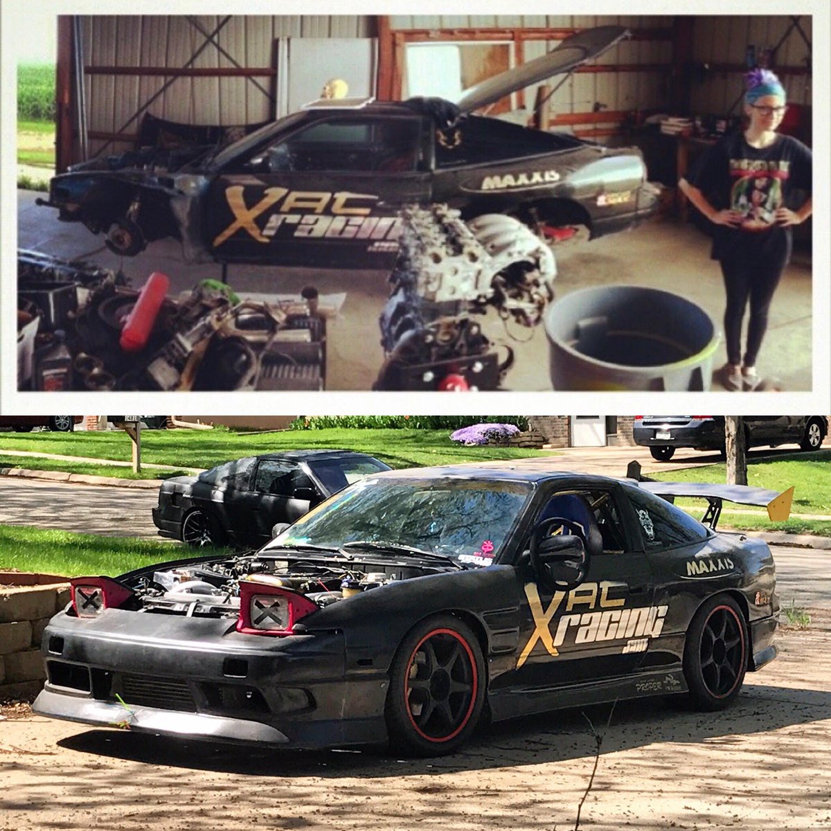 shellby636's tweet photo. I CONTACTED THE TEAM AND THEY REPLIED BACK !!

Is a 240SX W/ a turbocharged KA24 . They entered into formula drift and the car was OUTLAWED , as FD made it a rule where the front had to match the car .

The car would be sold off and back into a Nissan Front, still drifting today. https://t.co/KSxwf4g1rX