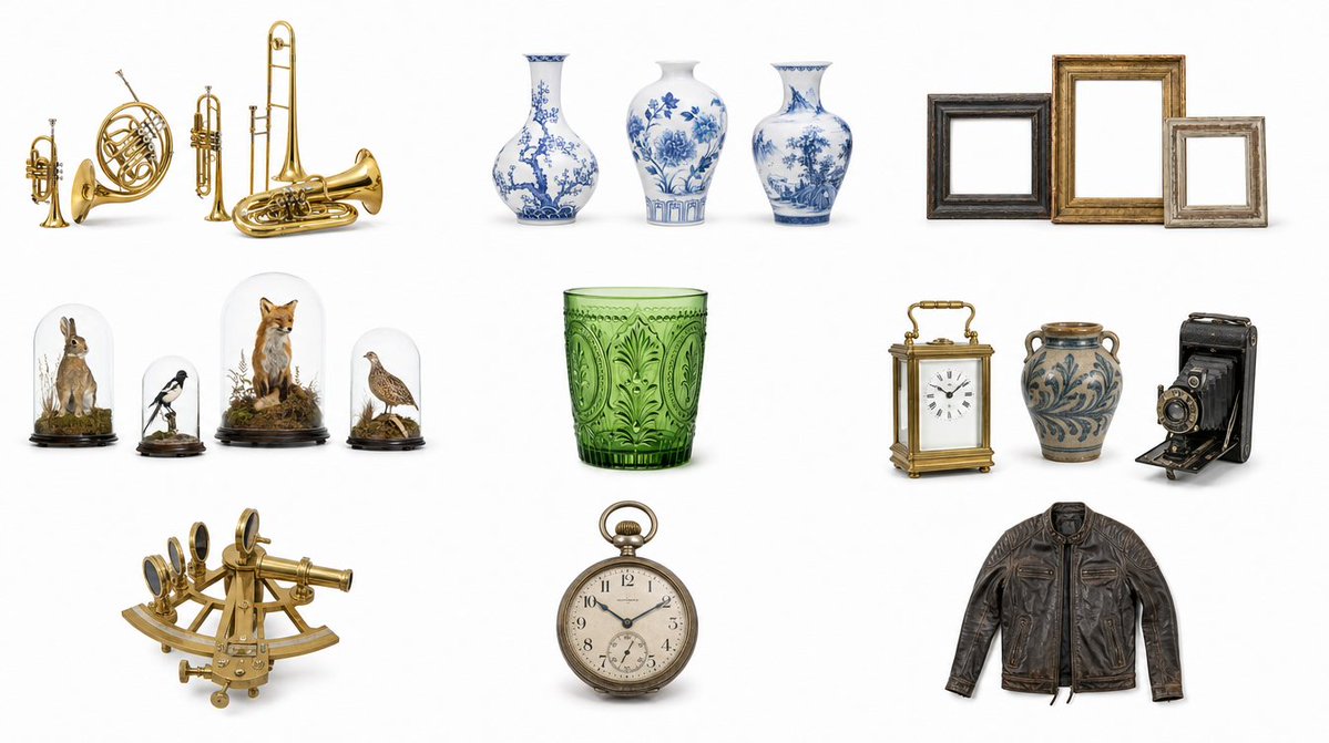 Brass instrument, Cracked Porcelain, Tarnished Frames, Cased Taxidermy, Drinking glass, Three Objects, Brass Sextant, Pocket Watch, Worn Leather References 