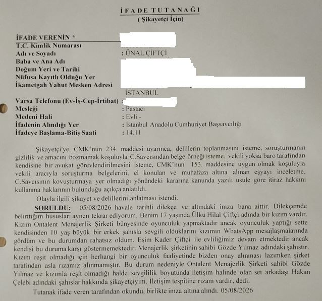 bpthaber's tweet photo. 17 yaşındaki Ülkü Hilal Çiftçi'nin babasının yaptığı suç duyurusu:

— Benim 17 yaşında bir kızım vardır. Oyunculuk yaptığı sette kendisinden 10 yaş büyük bir erkek şahısla sevgili olduklarını WhatsApp mesajlarında gördüm.

— Bu durumdan rahatsız oldum. Eşim ile evliliğimiz devam ediyor ancak kendisi bu duruma karşı gelmemektedir.

— Kızım reşit olmadığı için herhangi bir oyunculuk faaliyetinde bizden onay alınması lazımken, şirket tarafından asla rızamız alınmamıştır.

— Menajerlik şirketinin sahibi ve kızımla reşit olmadığı halde sevgililik boyutunda iletişim halinde olan set arkadaşı Hakan Çelebi şahıslarından şikayetçiyim.