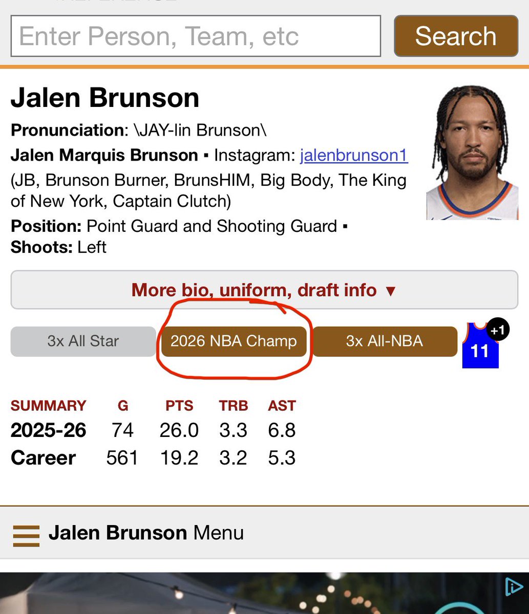 travbryanmusic's tweet photo. Had to check in on my GOAT Jalen Brunson on basketball reference. I love that they have this under his name https://t.co/issSJdLXnL