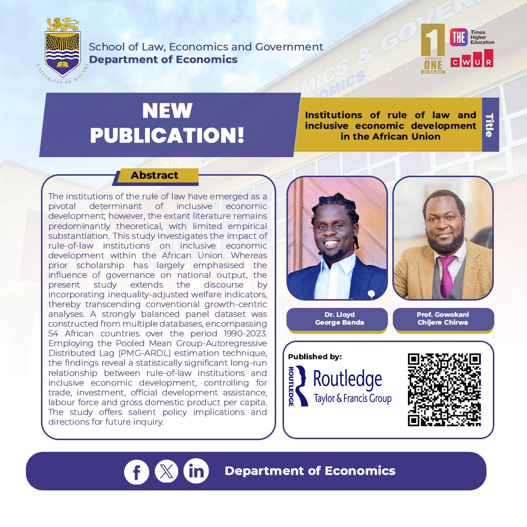 unimaecon's tweet photo. Inclusive economic development remains a key policy goal across Africa, yet persistent inequalities continue to raise questions about the role of institutions in ensuring that economic growth benefits the whole society.
#NewPublication #DoE #SLEG #UNIMA
@Gowokani11 @HappyKayuni https://t.co/Lx1U6A3ATj
