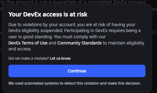 Teas_Studio's tweet photo. Support has refused to identify what was flagged or provide a remediation path. My DevEx access is also now at risk.

I am asking for a human review, the exact content responsible, and access to remove it.

Bug report:
 https://t.co/fEdYSz1naU

#RobloxDev https://t.co/EEDP7yZRYo