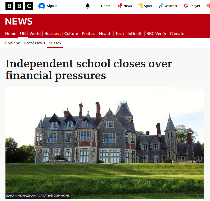 CutMyTaxUK's tweet photo. Yet another independent school has just closed down.

One of the oldest independent nursery and prep schools in West Sussex, Sompting Abbotts, has announced its sudden closure during the summer holidays. Staff are now desperately looking for jobs in September.

Its principal cited the introduction of VAT on school fees and the "general economic climate" among reasons for the closure.