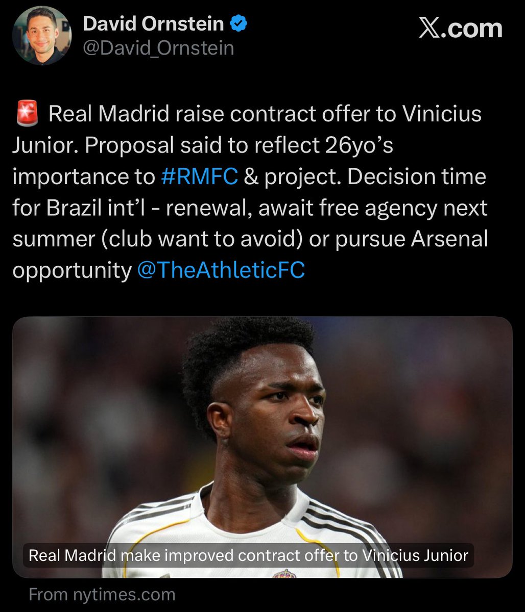 Nuruzamaan's tweet photo. There’s a difference between @FabrizioRomano and @David_Ornstein reports on Vinícius’ contract.

A contract raise doesn’t mean Real Madrid have met Vinícius’ demands.

Fabrizio’s report might make it look like Arsenal are out of the race, but Ornstein’s report suggests we’re still very much in it.

I expect @HandofArsenal clarity ASAP.

#AFC