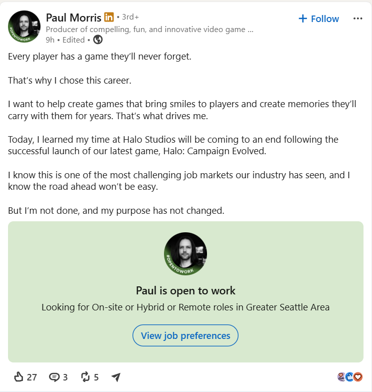 SmashJT's tweet photo. Update: It's happening.
Layoffs are beginning to roll through on LinkedIn for Halo Studios. This is just the beginning.

CONFIRMED. https://t.co/0Ztb08Geyj