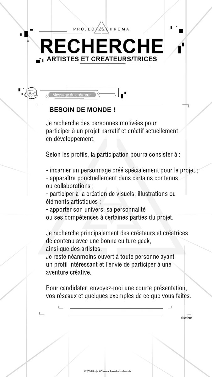 JustMrSnow's tweet photo. Pouf ! Je réapparaît un peu de nulle part mais besoin de personnes pour mon projet ! 

Pour les artistes c’est un peu particulier ma recherche mais n’hésitez pas si vous voulez participer haha https://t.co/pflPfmnDQy