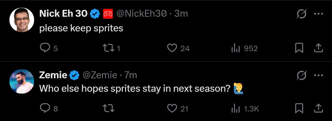 BackersGamesF's tweet photo. Some big content creators seems to enjoy Sprites and asking Epic to keep them next season https://t.co/FJ66AlsDR0