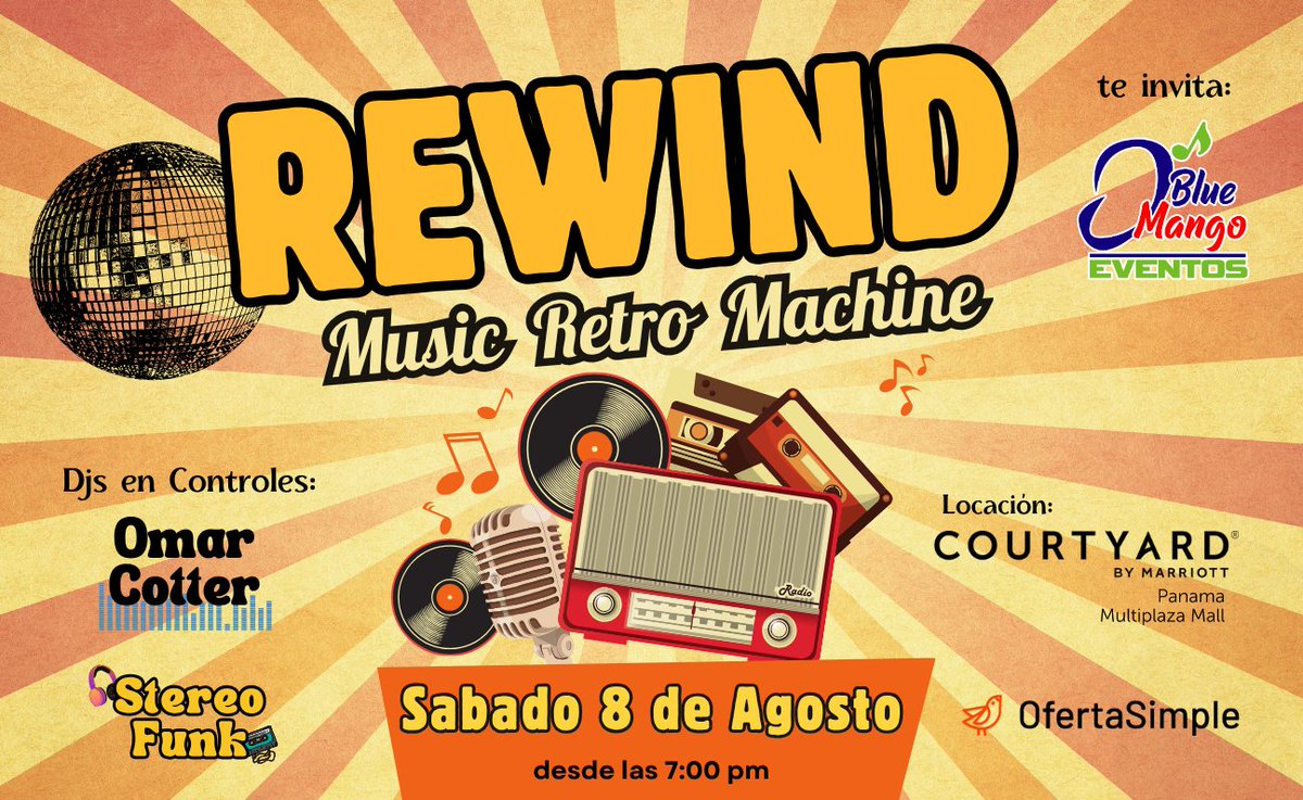 joecotterdj's tweet photo. Ya tienes entradas para REWIND Volumen 3? 
cómpralas en ticket plus o por oferta simple
y prepárate para una verdadera fiesta retro
con viajes cuánticos en la musica 
Djs Omar Cotter y Stereo Funk
Sábado 8 de agosto
Marriot Courtyard Multi Plaza. https://t.co/FoggE9lV1J