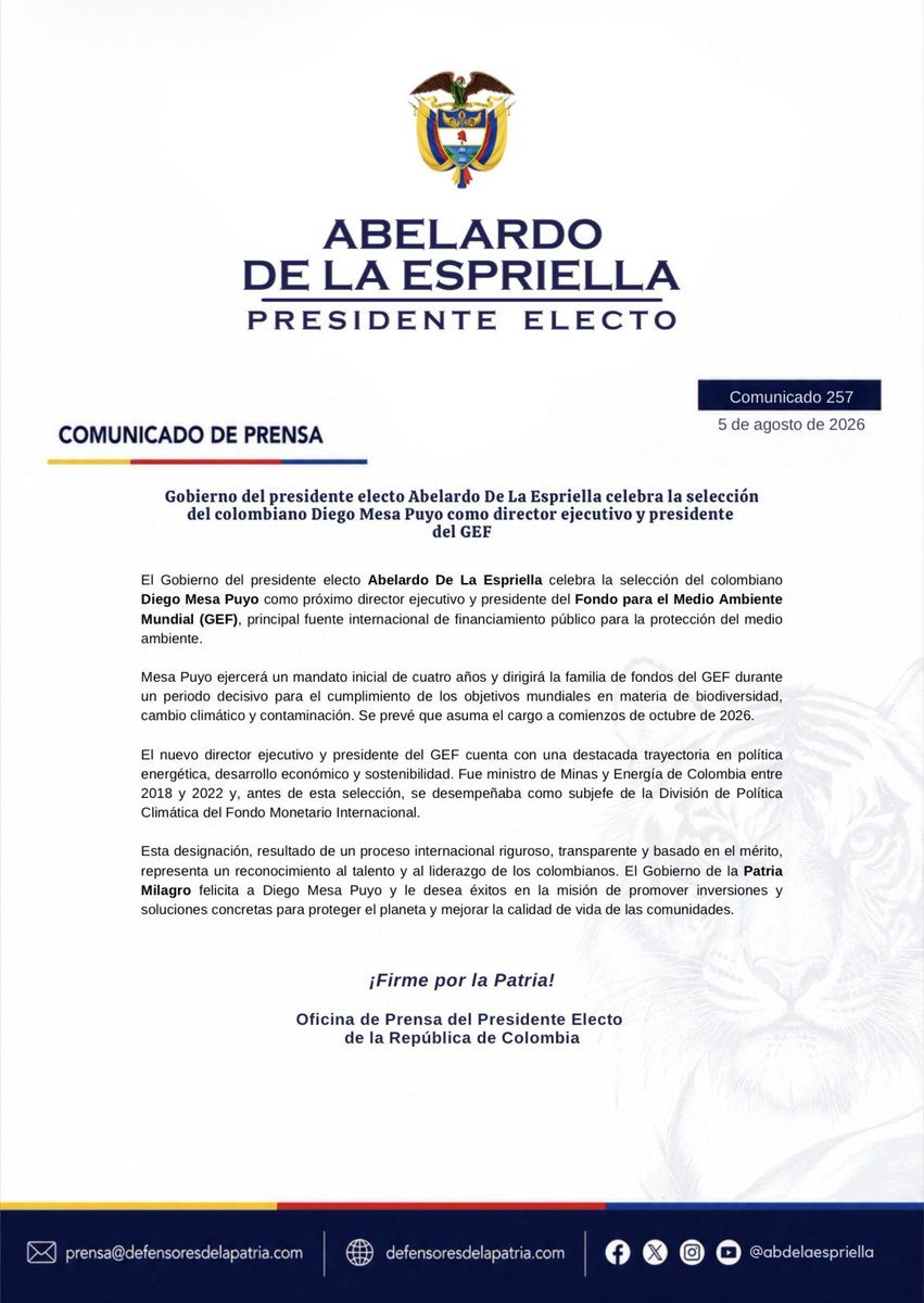 defensoresco's tweet photo. #ATENCIÓN | El Gobierno del presidente electo de Colombia, Abelardo De La Espriella (@ABDELAESPRIELLA), celebró la elección del colombiano Diego Mesa Puyo como próximo director ejecutivo y presidente del Fondo para el Medio Ambiente Mundial (GEF), principal fuente internacional de financiamiento público para la protección del medio ambiente.