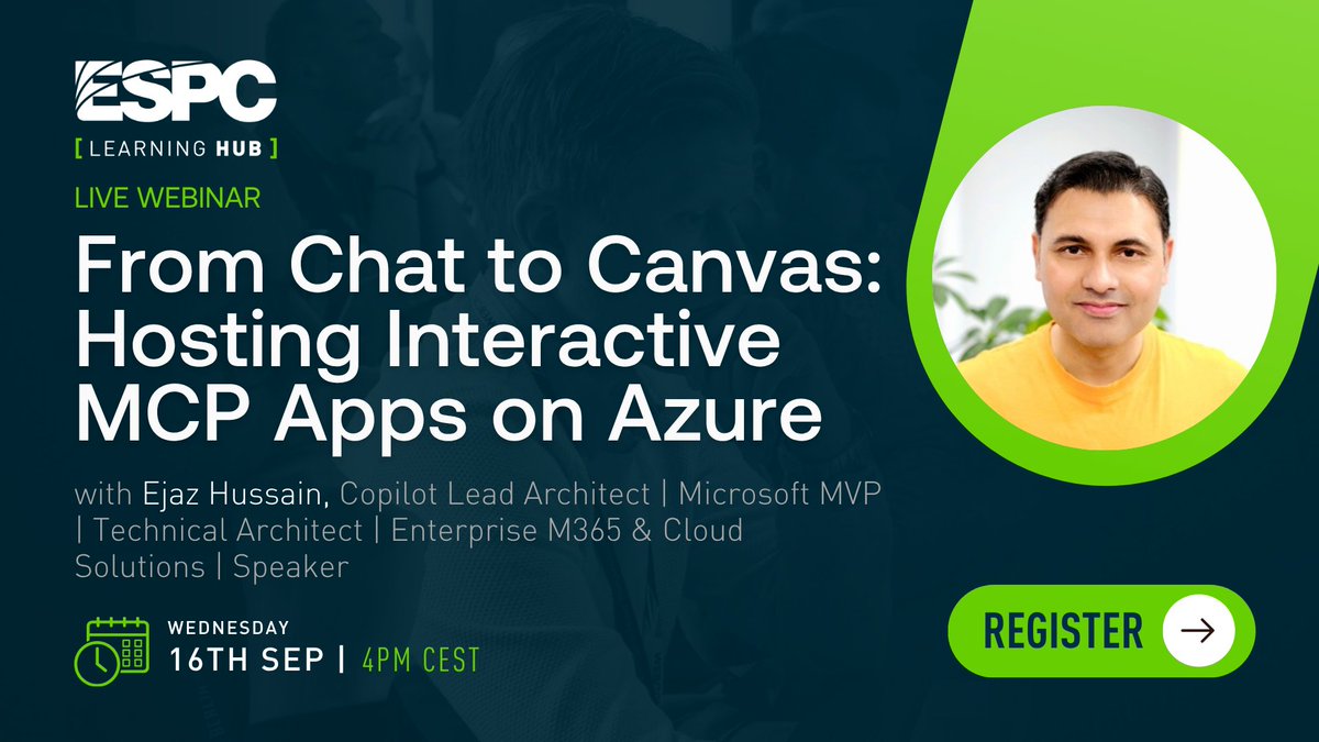 ESPC_Community's tweet photo. #AzureAIWeek: From Chat to #Canvas: Hosting Interactive #MCP Apps on #Azure
Join this webinar to learn how to build, secure, and deploy interactive MCP applications on Azure, enabling #AIAgents to deliver dynamic user interfaces with production-ready architecture, #governance, and live user interactions.
https://t.co/mZ6JS1jEhw