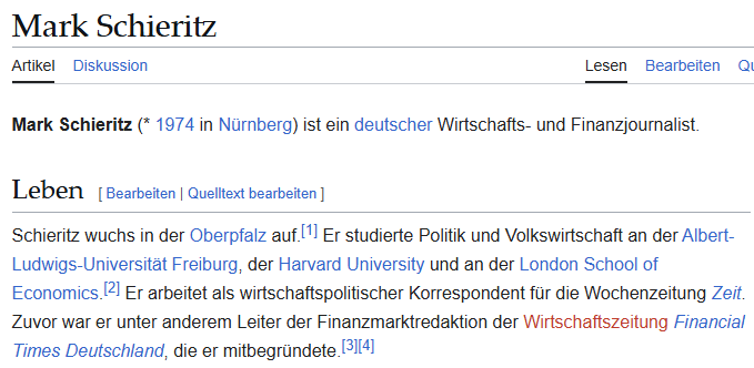 SprachPhilo's tweet photo. Ich habe auf X die Frage gelesen:
Was heißt "Er studierte Politik und Volkswirtschaft an der Albert-Ludwigs-Universität Freiburg, der Harvard University und an der London School of Economics."  (zumal das auf Wikipedia mit einer Eigenangabe belegt wird)?
Ich finde diese Frage gut und wichtig. Herr @schieritz, welche Abschlüsse haben Sie in diesen zwei Studienrichtungen an den genannten drei Universitäten erworben und welche waren die Themen allfälliger Abschlussarbeiten?
Vielen Dank!
(Einer, der nichts Böses will, sondern eine recht normale Sachfrage stellt.)