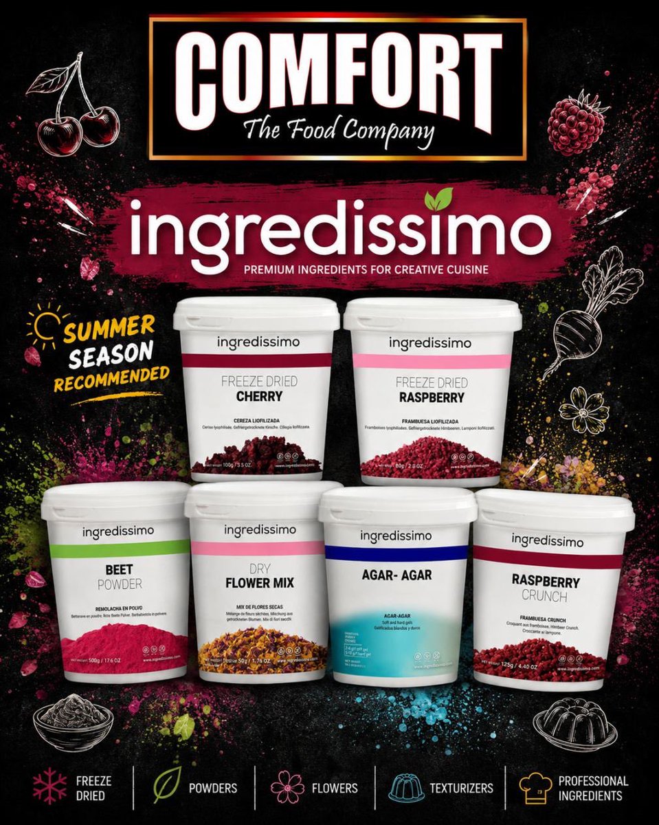 ComfortFoodsco's tweet photo. Ανεβάζουμε επίπεδο στη δημιουργική κουζίνα με Ingredissimo 🔥
Freeze dried φρούτα, beet powder, dry flower mix, agar-agar και raspberry crunch έρχονται από την Comfort Foods για να δώσουν χρώμα, υφή και χαρακτήρα σε κάθε γλυκιά ή ιδιαίτερη δημιουργία. https://t.co/wnccQ6Bnx5