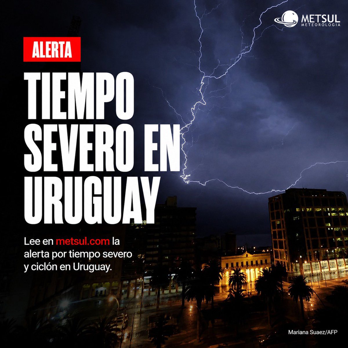 metsul's tweet photo. [En Español] 🔴 ALERTA | Advertencia por tormentas fuertes a muy severas con vientos superiores a 100 km/h y un ciclón extratropical en Uruguay. ▶️ https://t.co/U0us0ouCtr https://t.co/GNB4oRVGLe