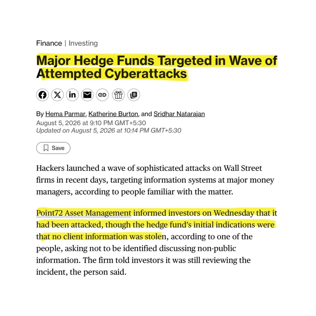 BullTheoryio's tweet photo. HACKERS CLONED WALL STREET EXECUTIVES' VOICES TO BREAK INTO THE BIGGEST HEDGE FUNDS IN THE WORLD

Citadel, Point72 and Two Sigma were all targeted, along with several private equity firms, per Bloomberg.

The attackers used AI to copy the exact voice, tone and phrasing of real executives, then called employees and asked for system access.

What we know so far:

- Point72 confirmed to investors it was attacked, no client data stolen yet

- Two Sigma, which manages $75 billion, blocked the attempt

- Citadel and Point72 declined to comment publicly

- Nobody knows who was behind it

- FINRA has contacted member firms about the breaches

AI removed the skill barriOne cybersecurity executive said attackers who could hit 50 firms at once can now hit 1,000, at almost no extra cost. 

Defence still costs the same per firm, while attacking costs almost nothing per target.

These are also quant funds. 

Their business is proprietary code and trading models, not cash sitting in an account. 

A stolen strategy never shows up as a loss. It shows up as an edge that quietly stops working.