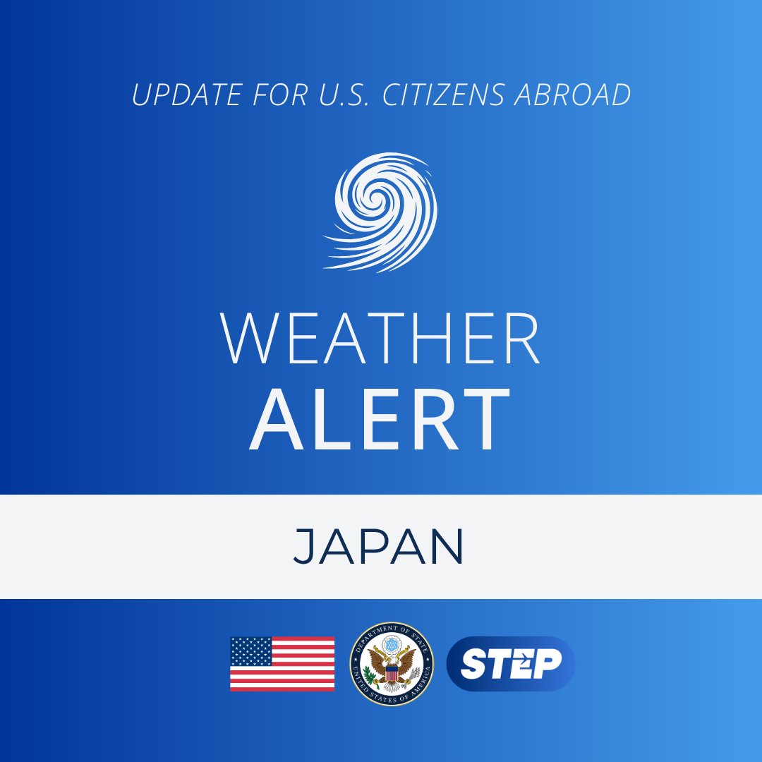 TravelGov's tweet photo. Okinawa, Japan: A large typhoon is currently approaching the main island of Okinawa and is expected to affect the region beginning August 6, 2026 through at least August 9, 2026. This storm is large and slow-moving, passing directly over parts of Okinawa. A period of calm and clear skies may occur due to the eye of the storm passing through the area—citizens are urged not to go outside during this period to avoid getting caught in the trailing side of the storm. Expect extremely high winds, dangerous storm tides, heavy rainfall, possible flooding, and landslides. More at https://t.co/mKlsPq4SYk