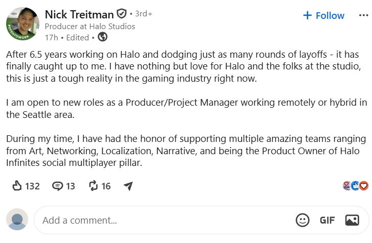 SmashJT's tweet photo. Update: It's happening.
Layoffs are beginning to roll through on LinkedIn for Halo Studios. This is just the beginning.

CONFIRMED. https://t.co/0Ztb08Geyj