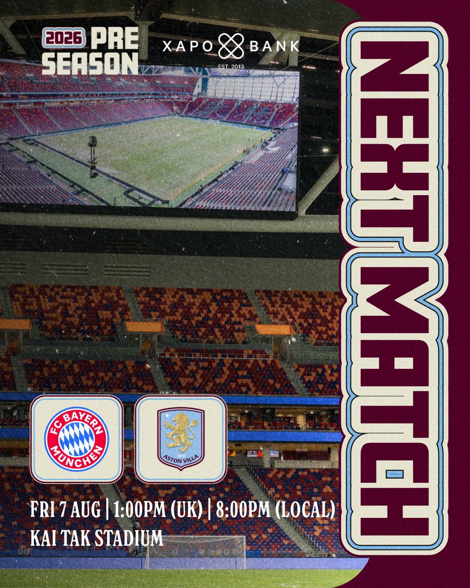 AstonVilla's tweet photo. Up next: Bayern Munich ⚔️

Grab your ticket now 🎟️