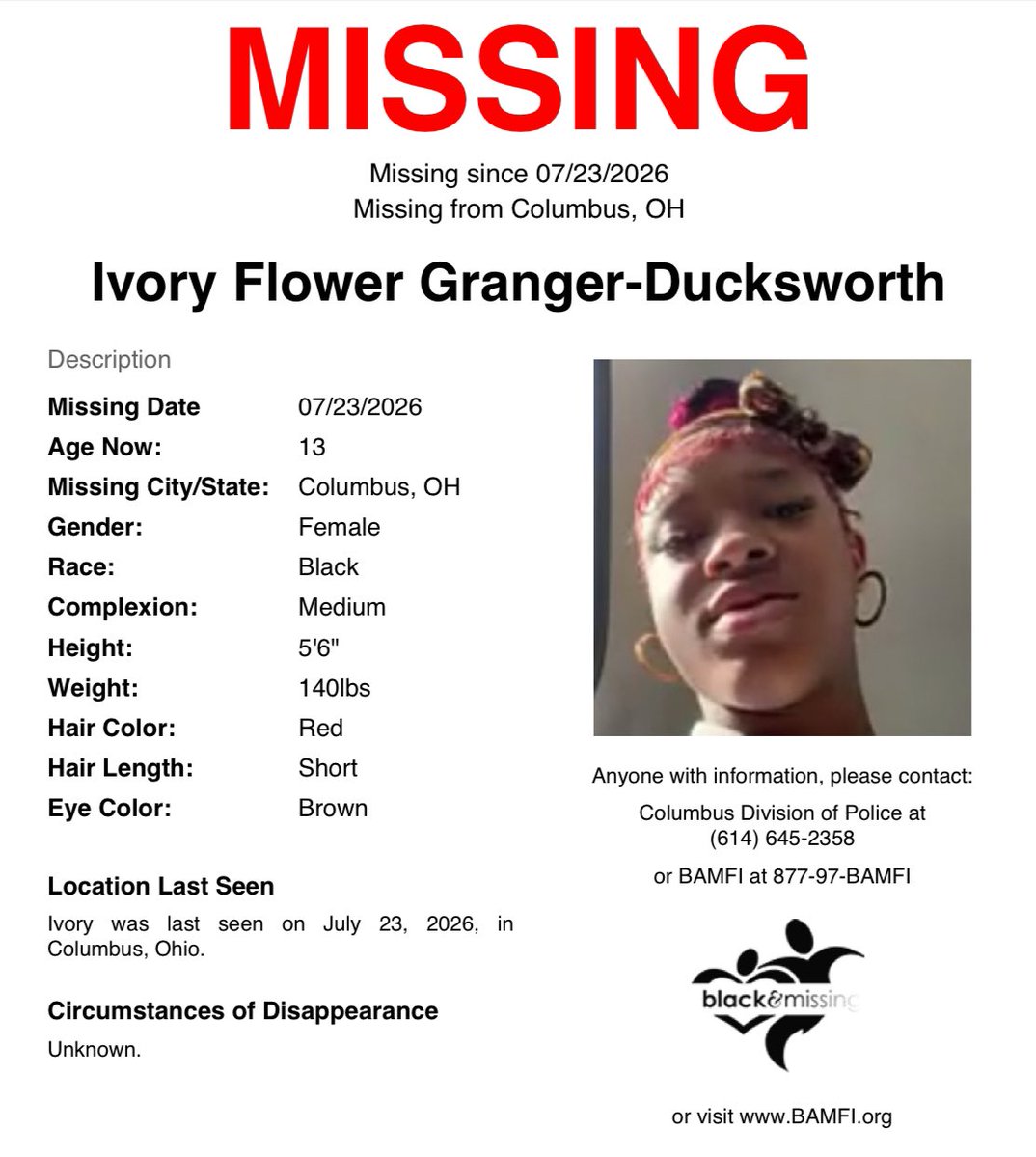 BAM_FI's tweet photo. #Columbus, #OH: 13y/o Ivory was last seen on July 23, wearing a pink hoodie and black shorts with fur boots.

Have you seen her?

Please SHARE to #HelpUsIvoryGrangerDucksworth #IvoryGrangerDucksworth #HelpUsFindUs https://t.co/XRAsePWnMt