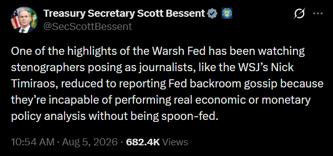 WallStreetMav's tweet photo. Treasury Secretary Scott Bessent just nuked WSJ Nick Timiraos from orbit.

The WSJ's Nick Timiraos was well known for being Jerome Powell's top brown noser, willing to write whatever Jerome wanted. https://t.co/vGa9vlCDyf