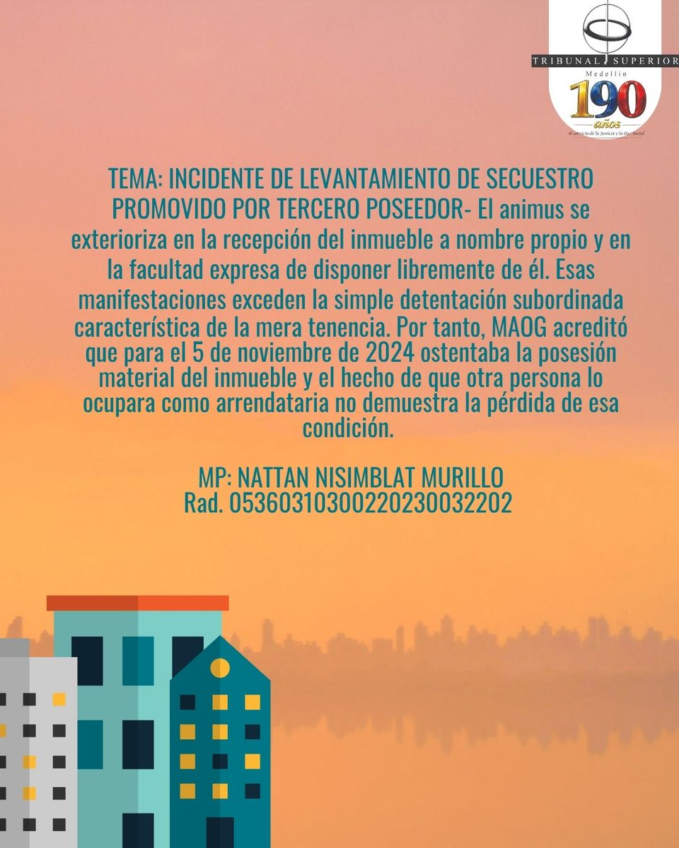 TribSupMed's tweet photo. TEMA: INCIDENTE DE LEVANTAMIENTO DE SECUESTRO PROMOVIDO POR TERCERO POSEEDOR MP: NATTAN NISIMBLAT MURILLO
Rad. 0536031030022023003202
Sala Civil
Descarga la providencia a través del QR que se encuentra en la última imagen de nuestro Instagram @tribsupmed https://t.co/jEU2u2l1uc https://t.co/CRcpuBMU0B