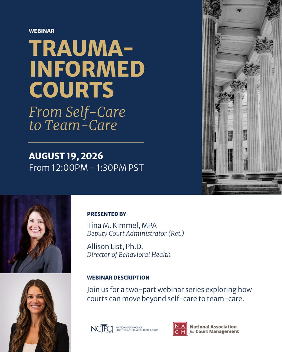NCJFCJ's tweet photo. Join the NCJFCJ and @NACMNET for the first part of our upcoming webinar series on the importance of collaboration around secondary trauma for court teams.

Register now to gain a clear, actionable pathway from personal awareness to collective resilience!
🔗https://t.co/aV0tLchSD0 https://t.co/naZXNOmw90