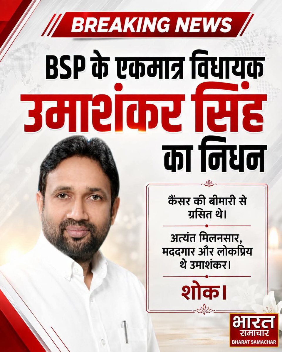 Pushpendra_Ad's tweet photo. भावपूर्ण श्रद्धांजलि

बसपा के वरिष्ठ नेता एवं रसड़ा विधानसभा के लोकप्रिय विधायक स्वर्गीय उमाशंकर सिंह जी के निधन का समाचार अत्यंत दुःखद है।
ईश्वर दिवंगत पुण्यात्मा को अपने श्रीचरणों में स्थान दें #uttarpradesh #bharat #ballia #explore #insta https://t.co/MZ8Rb3Scac