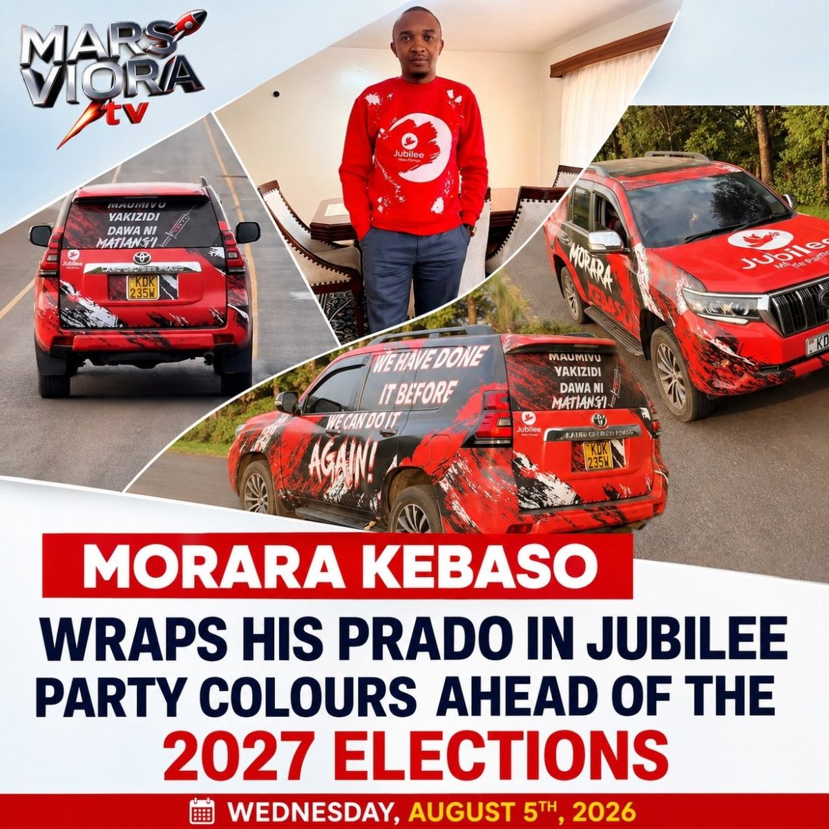 SayyHassan's tweet photo. Morara Kebaso has unveiled a Toyota Prado wrapped in Jubilee Party colours ahead of the 2027 General Election, sparking fresh political debate and reactions across Kenya as the campaign season gradually takes shape. #KenyaPolitics #MoraraKebaso Salaam https://t.co/XY0w9VTOta