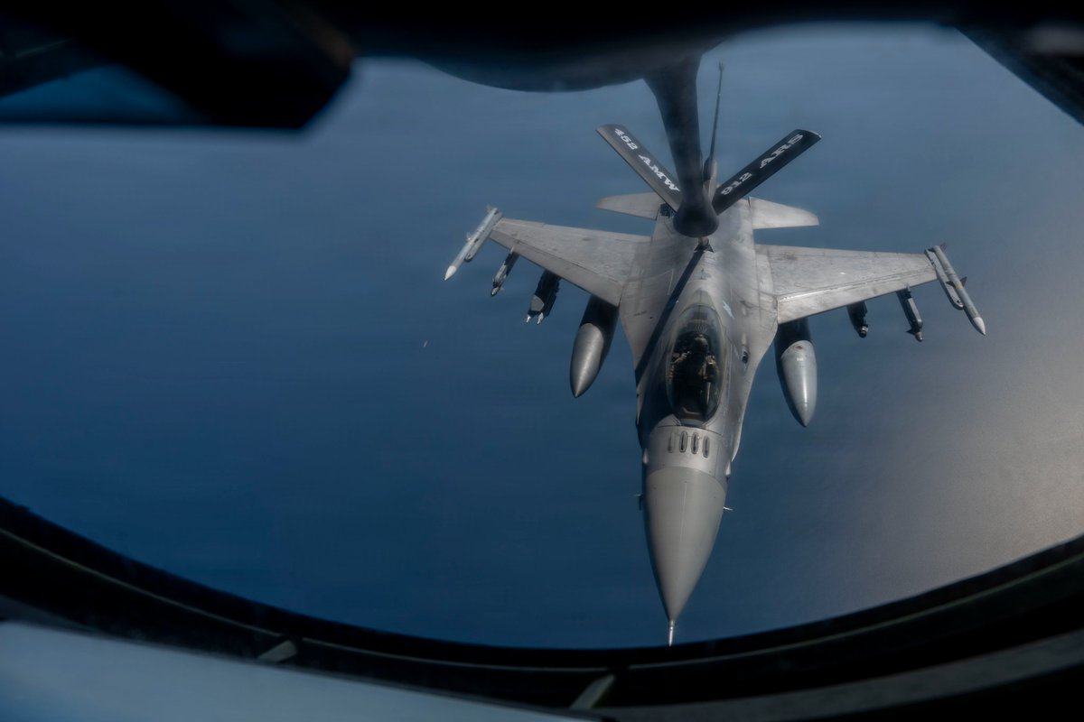 CENTCOM's tweet photo. A U.S. Air Force F-16 fighter jet is refueled during a patrol over regional waters in the Middle East while the U.S. continues enforcement of the blockade against Iran. As of Aug. 5, CENTCOM forces have redirected 48 commercial vessels, disabled 2, and boarded 2.