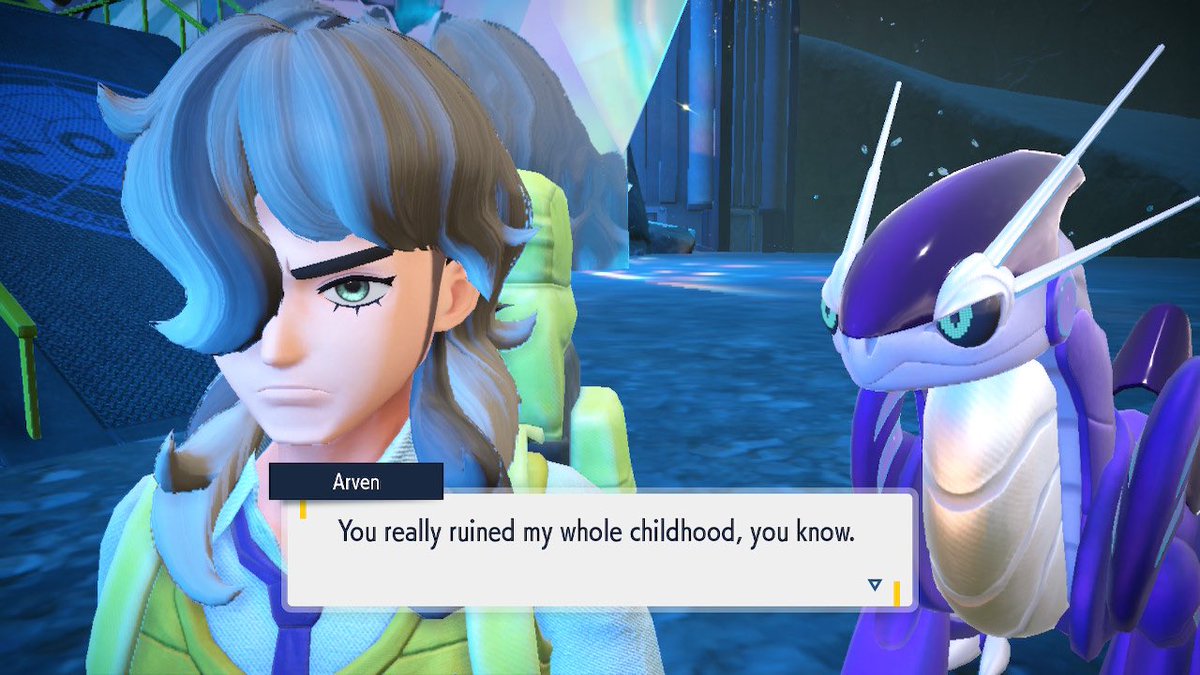 synapseoftheark's tweet photo. pokemon scarlet/violet are very flawed by I’m still very fond of the characters . why is he saying this to this damn animal like it’s going to understand what he’s saying https://t.co/DHfPbjxGTy