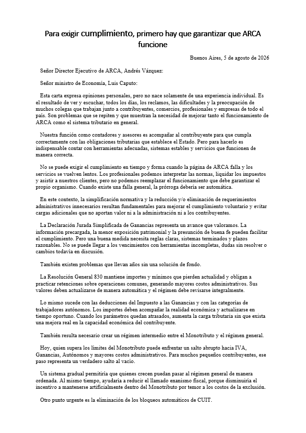 BlogDelContador's tweet photo. PARA EXIGIR CUMPLIMIENTO, PRIMERO HAY QUE GARANTIZAR QUE ARCA FUNCIONE

El Estado tiene el derecho de recaudar y controlar, pero también la obligación de establecer normas claras, procedimientos razonables y sistemas que funcionen correctamente, para que la relación entre el fisco, los asesores y los contribuyentes sea equilibrada, previsible y respetuosa.

@LuisCaputoAR @ARCA_informa @JMilei