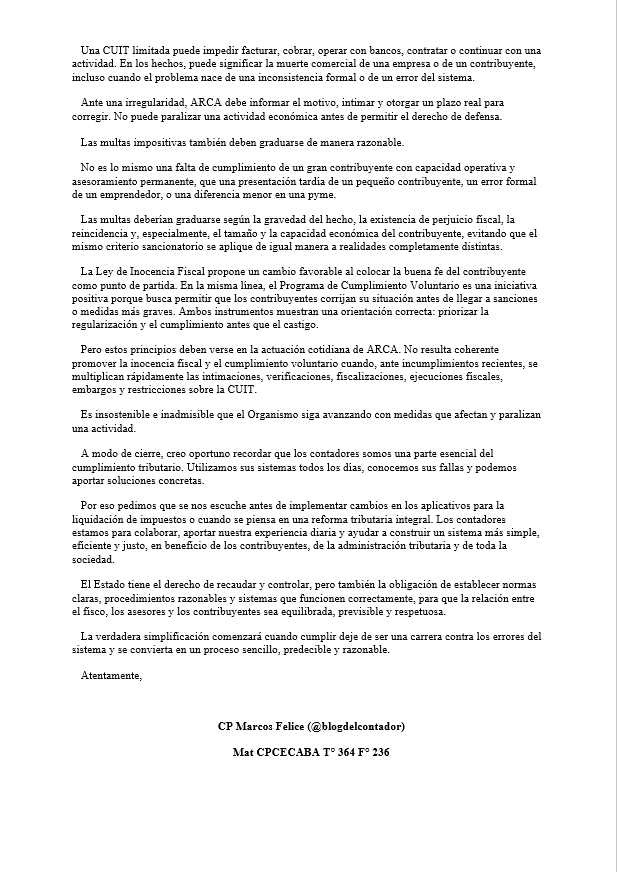 BlogDelContador's tweet photo. PARA EXIGIR CUMPLIMIENTO, PRIMERO HAY QUE GARANTIZAR QUE ARCA FUNCIONE

El Estado tiene el derecho de recaudar y controlar, pero también la obligación de establecer normas claras, procedimientos razonables y sistemas que funcionen correctamente, para que la relación entre el fisco, los asesores y los contribuyentes sea equilibrada, previsible y respetuosa.

@LuisCaputoAR @ARCA_informa @JMilei