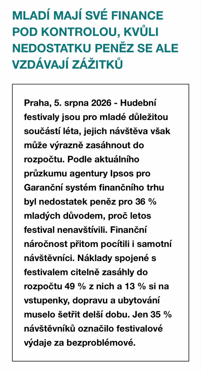 PatrikNacher's tweet photo. Spotřebitelské okno:

📊 „Festivalový průzkum” finanční kondice mladých Čechů ⤵️

Poměrně vysoké (a každoročně stoupající) náklady na návštěvu hudebních festivalů mají svůj dopad i na spotřebitelské chování mladých lidí. Pro 3️⃣6️⃣ % mladých Čechů ve věku 16 až 30 let byl hlavním důvodem, kvůli němuž se letos rozhodli festival nenavštívit, nedostatek peněz. 4️⃣9️⃣ % návštěvníků pak náklady spojené s festivalem citelně zasáhly do jejich rozpočtu.

Mimochodem - sociálně vyloučeně se kvůli nedostatku peněz cítilo alespoň jednou 5️⃣5️⃣ % mladých respondentů. Pozitivní zprávou je naopak skutečnost, že 8️⃣3️⃣ % mladých Čechů má - alespoň dle vlastního hodnocení - vlastní finance dlouhodobě pod kontrolou. 

👉 https://t.co/O6Ck4WybOn