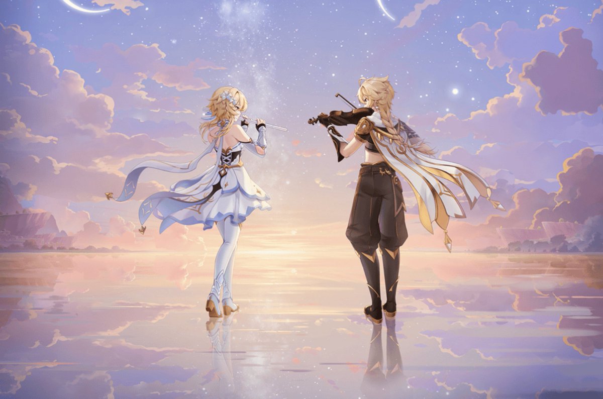 lore_blue13's tweet photo. the concept that Aether likes to play the violin and Lumine the flute https://t.co/gv58U590hv