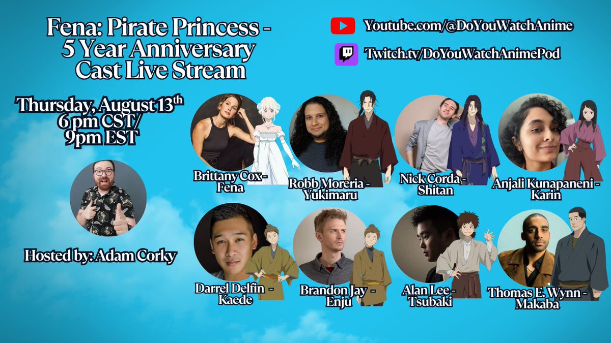 AdamCorky's tweet photo. Come set sail as we celebrate the 5th Anniversary of Fena: Pirate Princess! 

I’ll be joining the cast, @brittanyccox @RobbMoreiraVO @NicholasJCorda @hereliesanjali @DarrelJDelfin @brandonjaytheva @AlanLeeVO @ThomasEWynn on Thursday, August 13th 6pm PST/9pm EST! https://t.co/BX5iJ5swyi