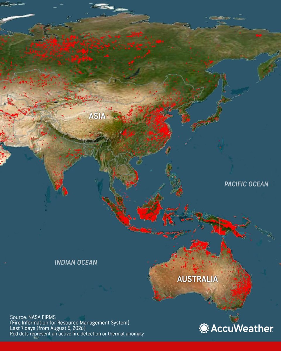 accuweather's tweet photo. Wildfires are burning across the globe, often fueled by extreme heat, drought and strong winds. NASA FIRMS data shows active fire detections and thermal anomalies from the past week, including fires near Spokane, across Canada and throughout Europe. https://t.co/uBXm0CcXe1