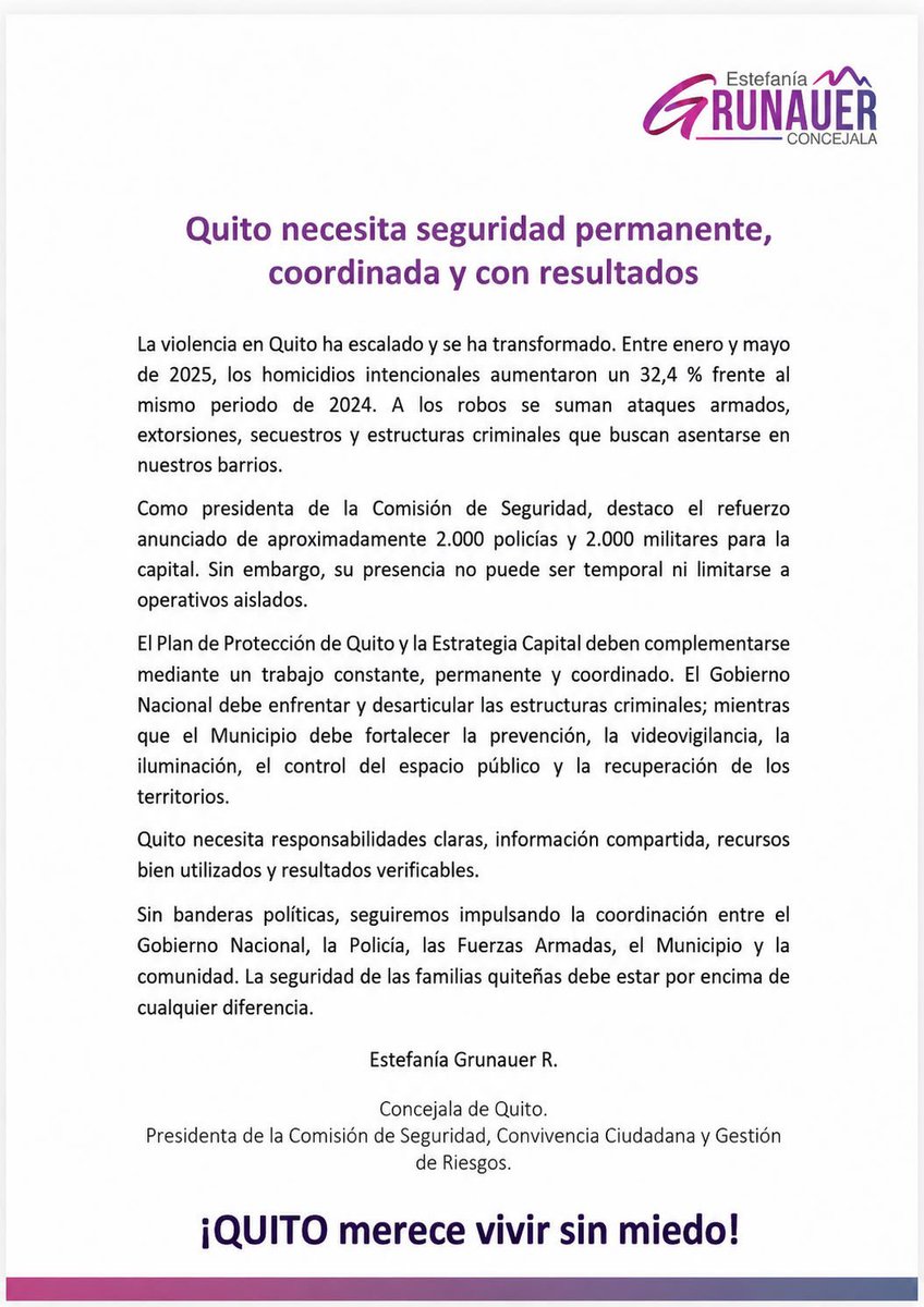 estefania_gru's tweet photo. La seguridad no se construye con disputas entre autoridades, sino con coordinación y resultados. El #PlanProtecciónQuito y la #EstrategiaCapital deben complementarse: el Gobierno aporta inteligencia e investigación; el Municipio prevención y recuperación del espacio público. #Quito merece un solo frente por su seguridad. 🇪🇨 

Quito merece vivir sin miedo!
