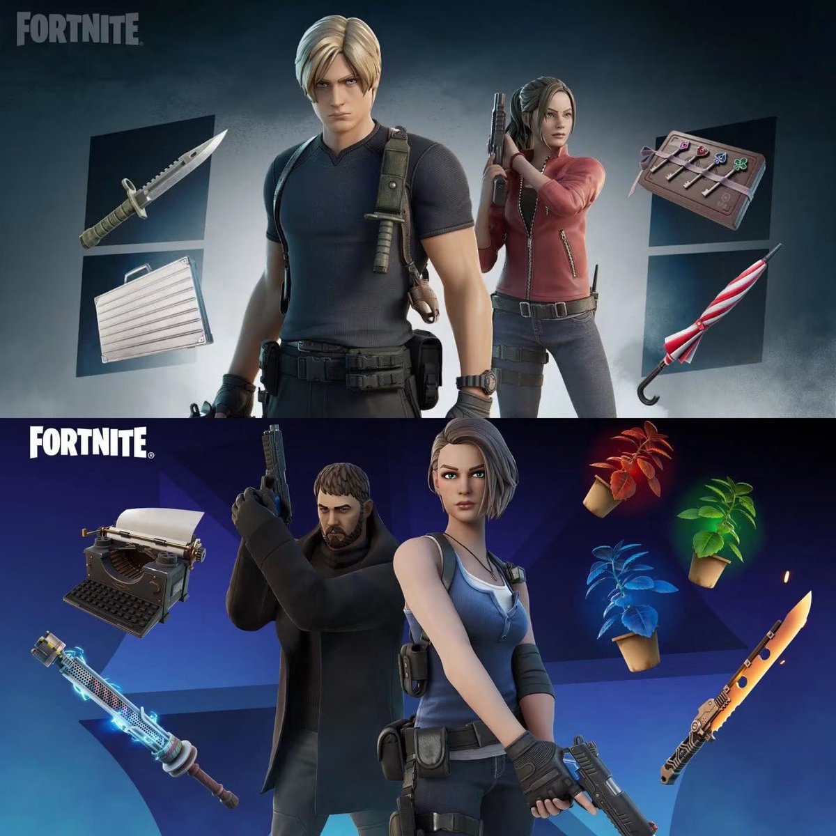 FNSLEAKS's tweet photo. RESIDENT EVIL x #FORTNITE SKINS CONFIRMED TO RETURN IN CHAPTER 7 SEASON 4 ITEM SHOP 👀📂

The Resident Evil Gaming Legends skins are finally set to make their return after 1,199+ days since their last appearance.

Leon, Claire, Jill &amp; Chris are all in fucking rotation.

Cinema? https://t.co/ej6jPT4YIn