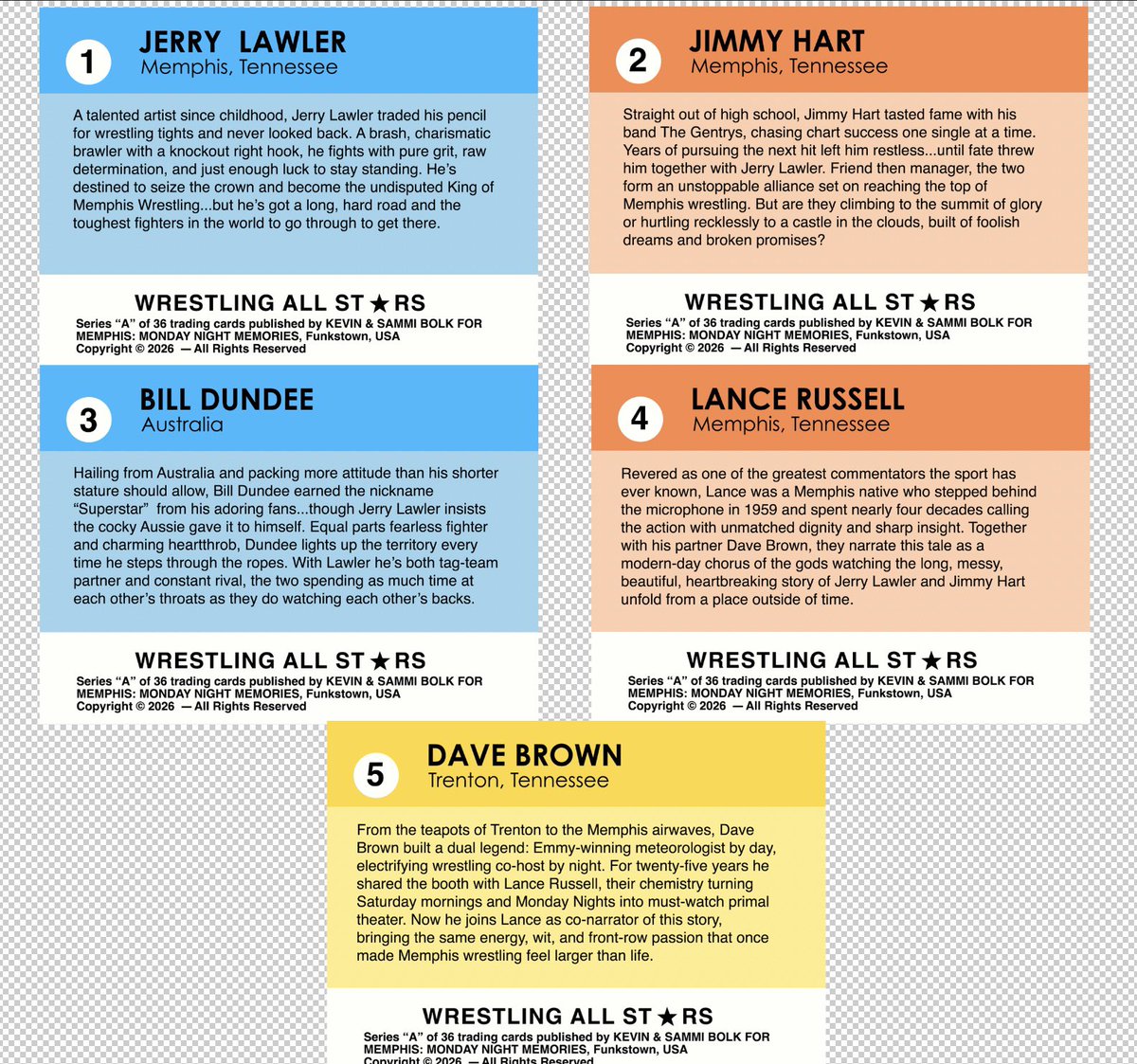 kevinbolk's tweet photo. Working on character bios for the MEMPHIS: Monday Night Memories comic website inspired by the classic wrestling cards of the early 80s. I’m terribly proud of these and might print out a few to give away as promotional items.

You can see them in action when MEMPHIS launches in September!